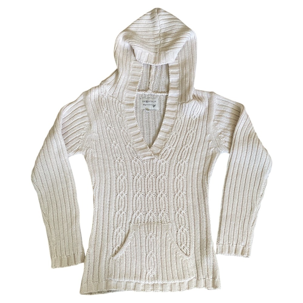 Piazza Italia Sweater Women XL Cream Excellent Cable Knit Hooded V-Neck Pocket